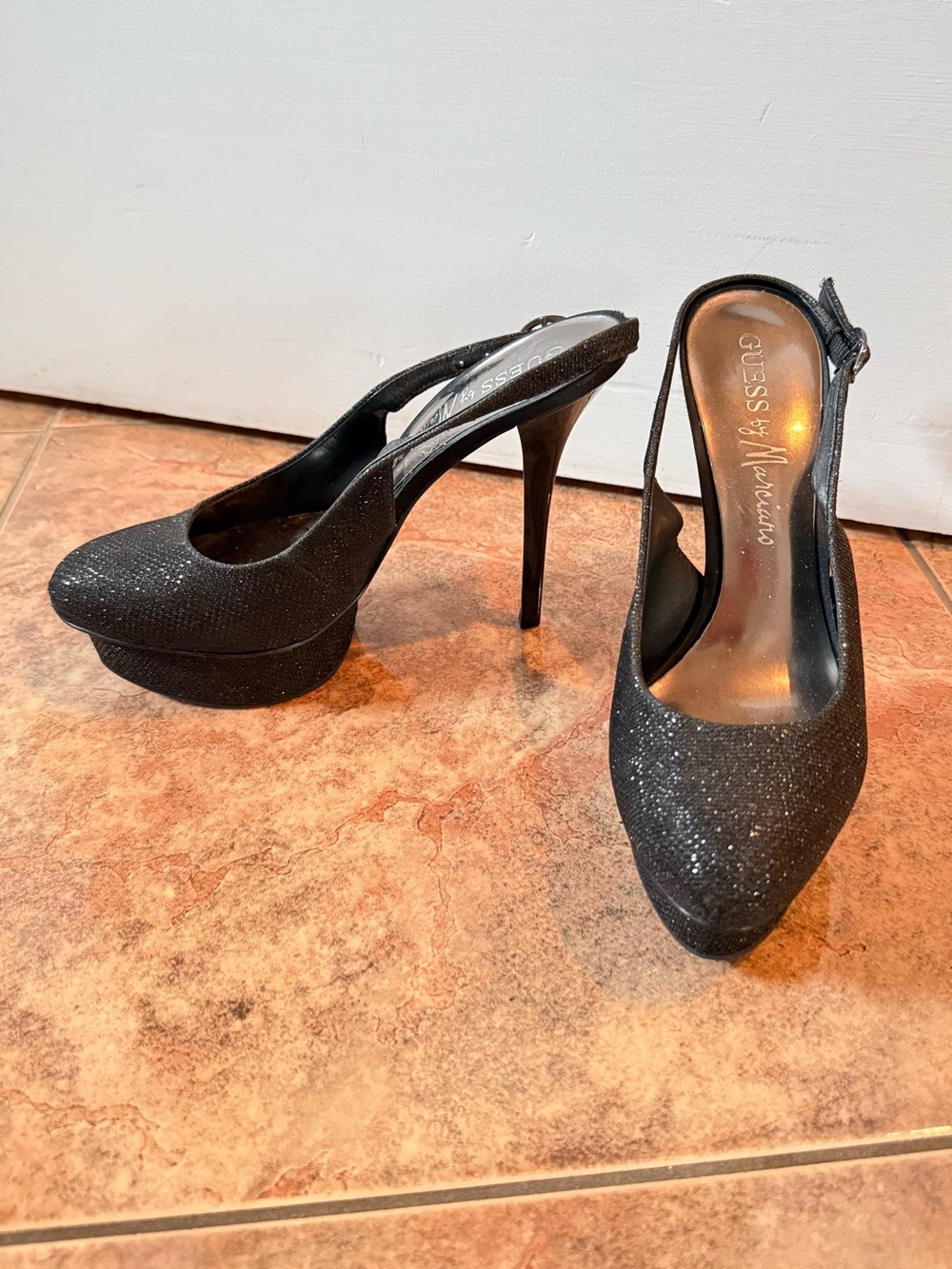 Guess by Marciano Black Glitter Slingback Platform Pumps
